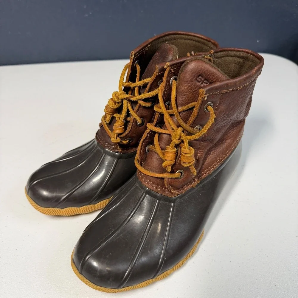 Sperry Saltwater Duck Boots 6 Brown‎ Leather Waterproof Side Zip STS91176